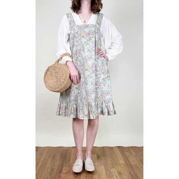 Vintage Dresses & Skirts - Vintage Handmade Floral Garden Girl Pinafore Midi Dress Grandmacore Cottagecore